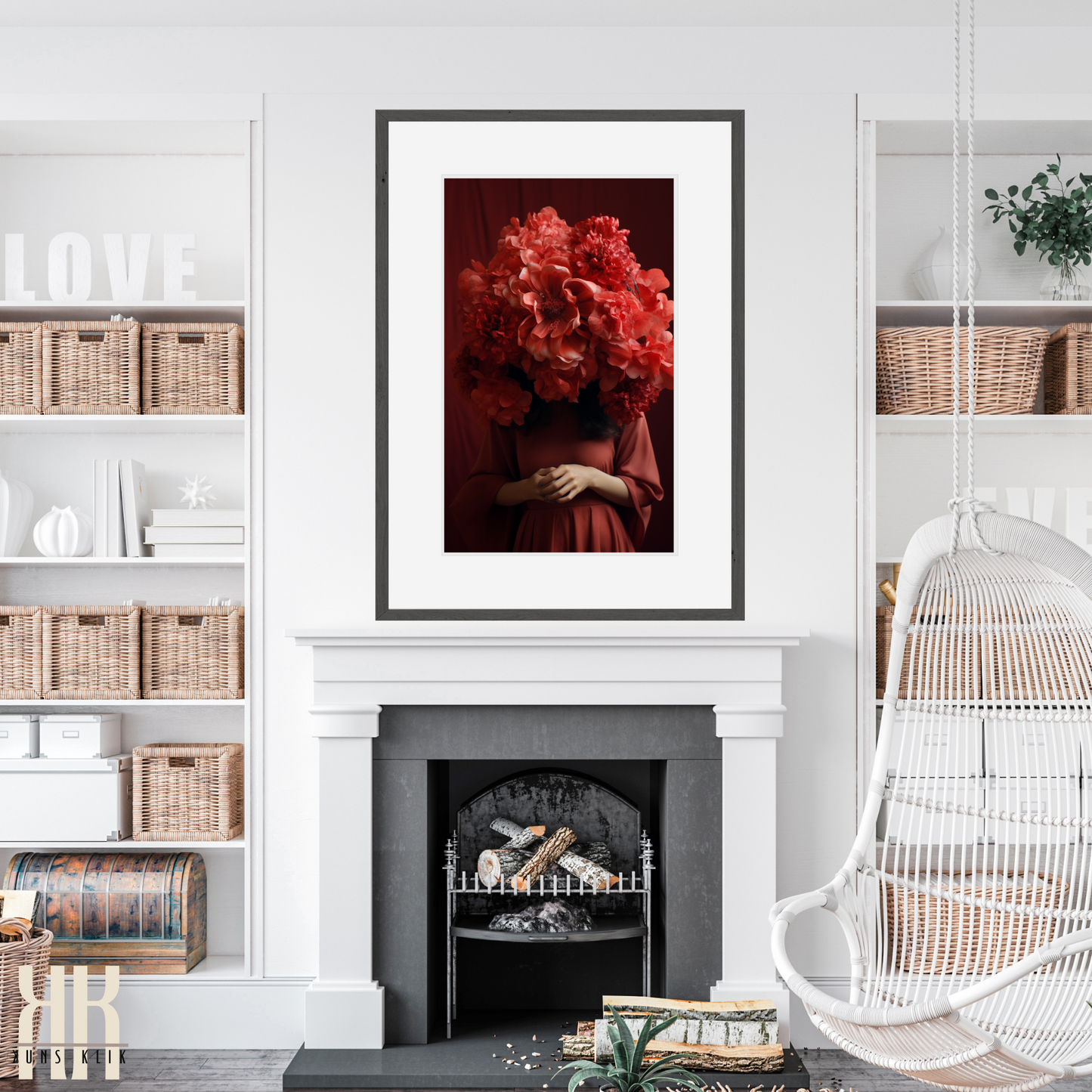 Woman Flower Bouquet Head Feminine Wall Art - Red 4
