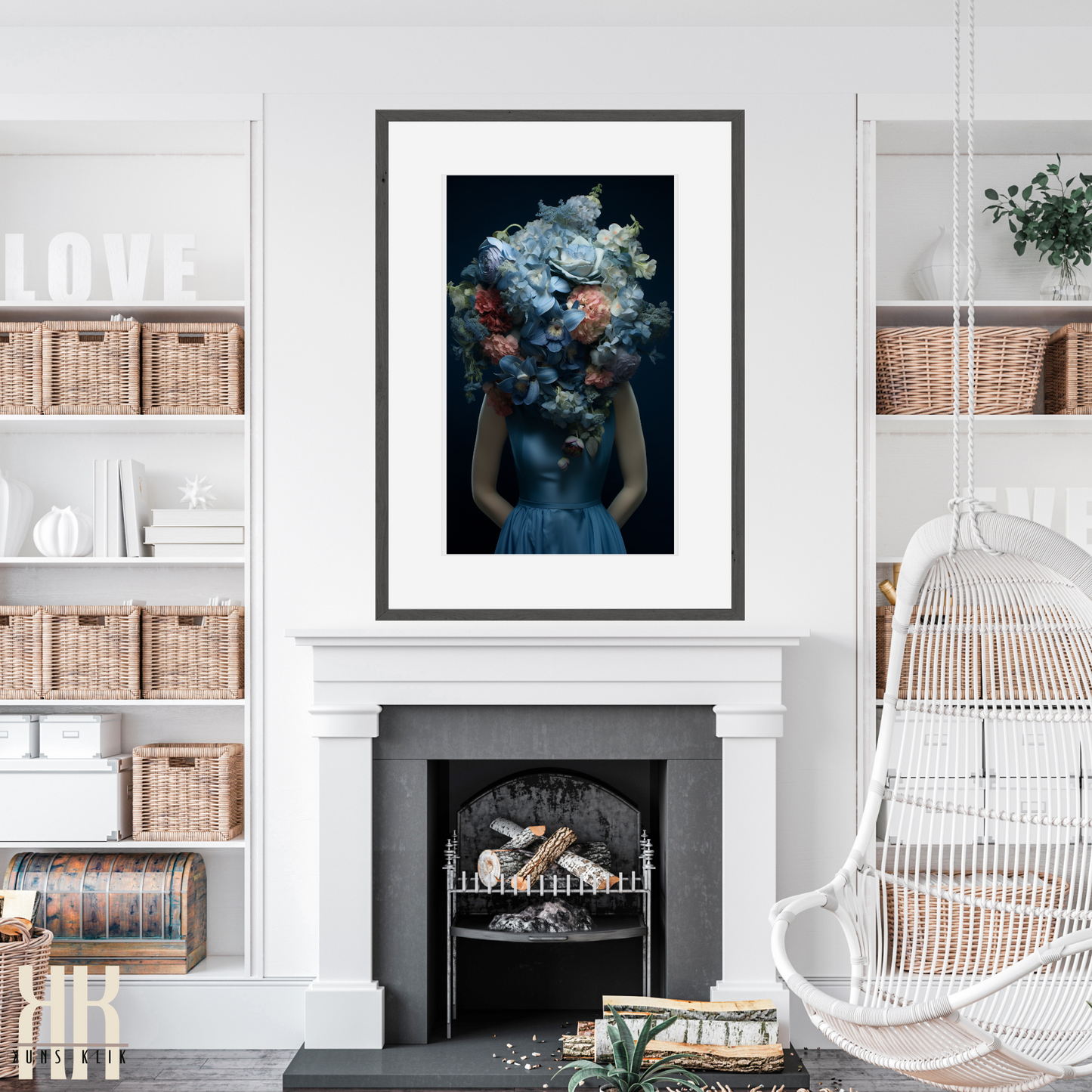 Woman Flower Bouquet Head Feminine Wall Art - Blue 3