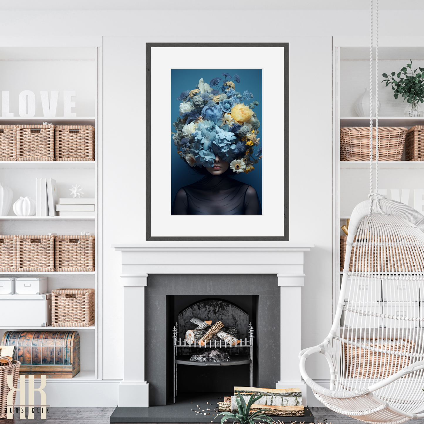 Woman Flower Bouquet Head Feminine Wall Art - Blue 6