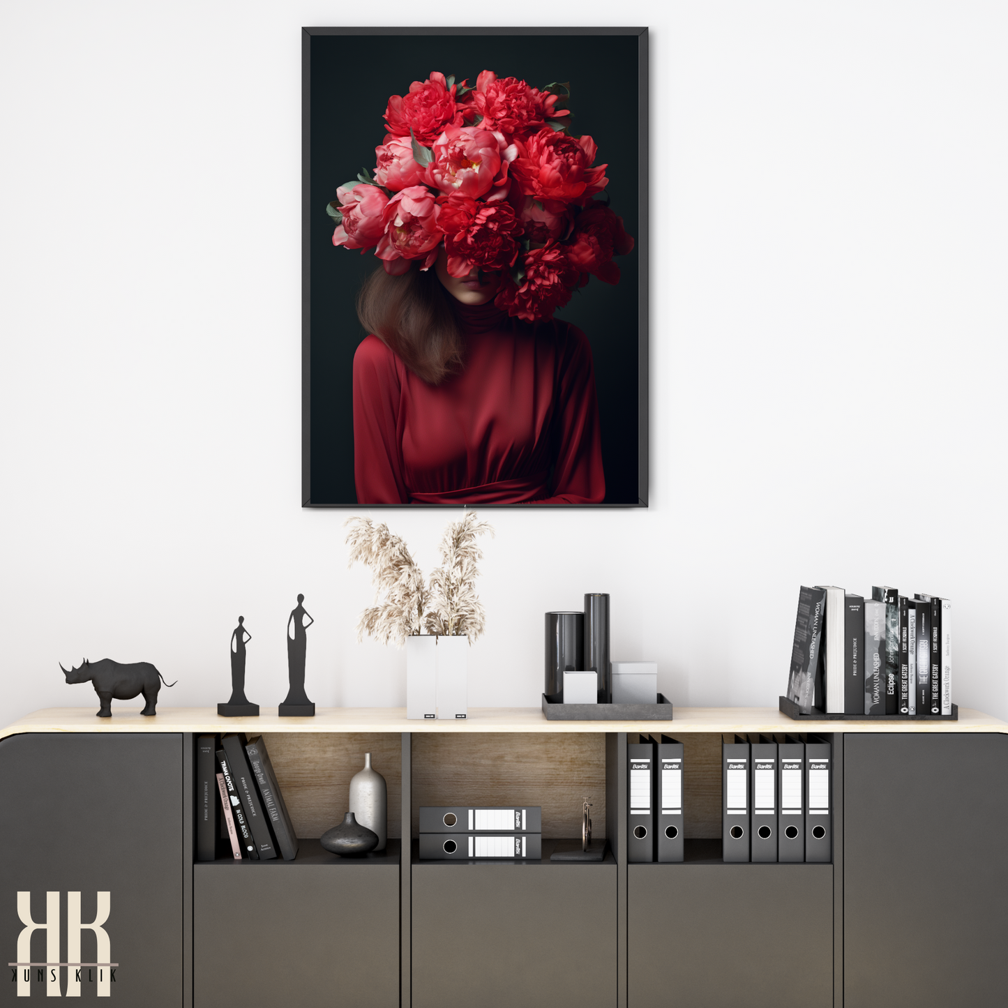 Woman Flower Bouquet Head Feminine Wall Art - Red 1