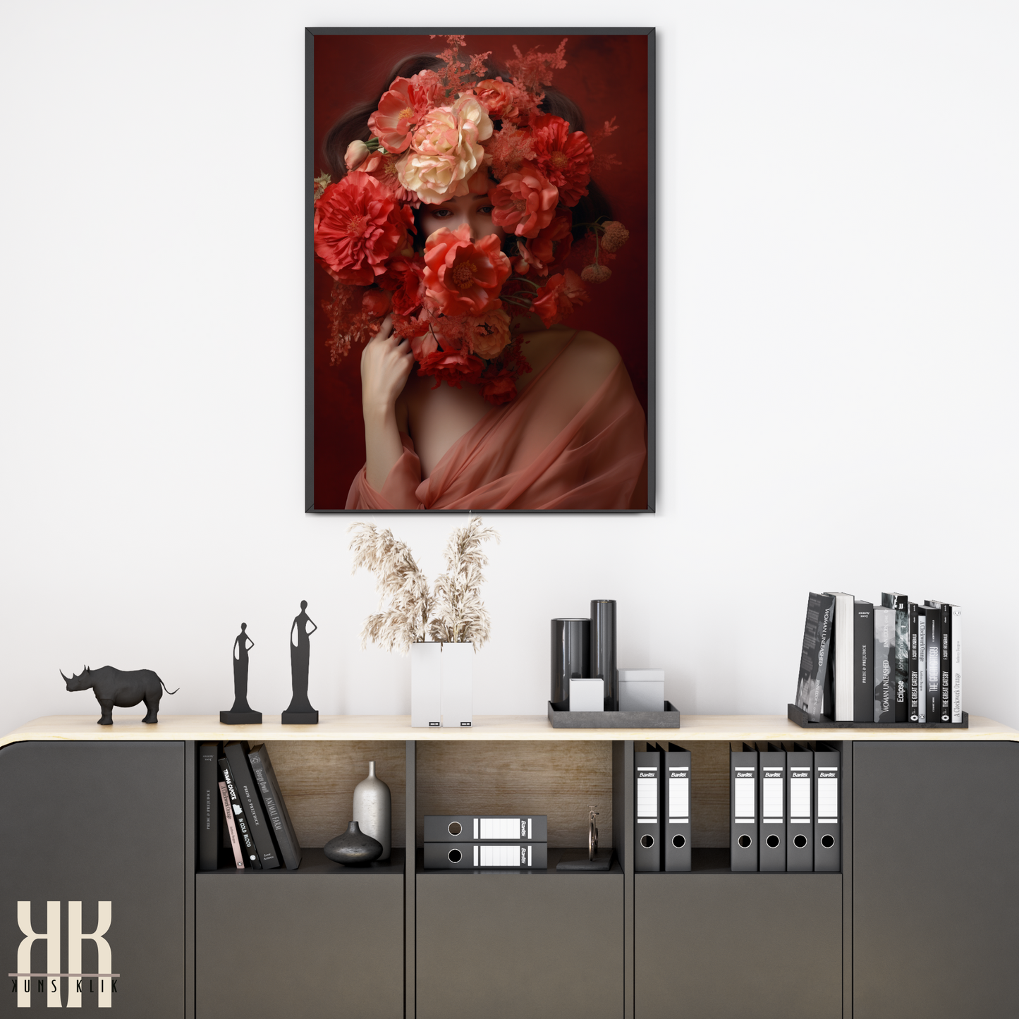 Woman Flower Bouquet Head Feminine Wall Art - Red 7