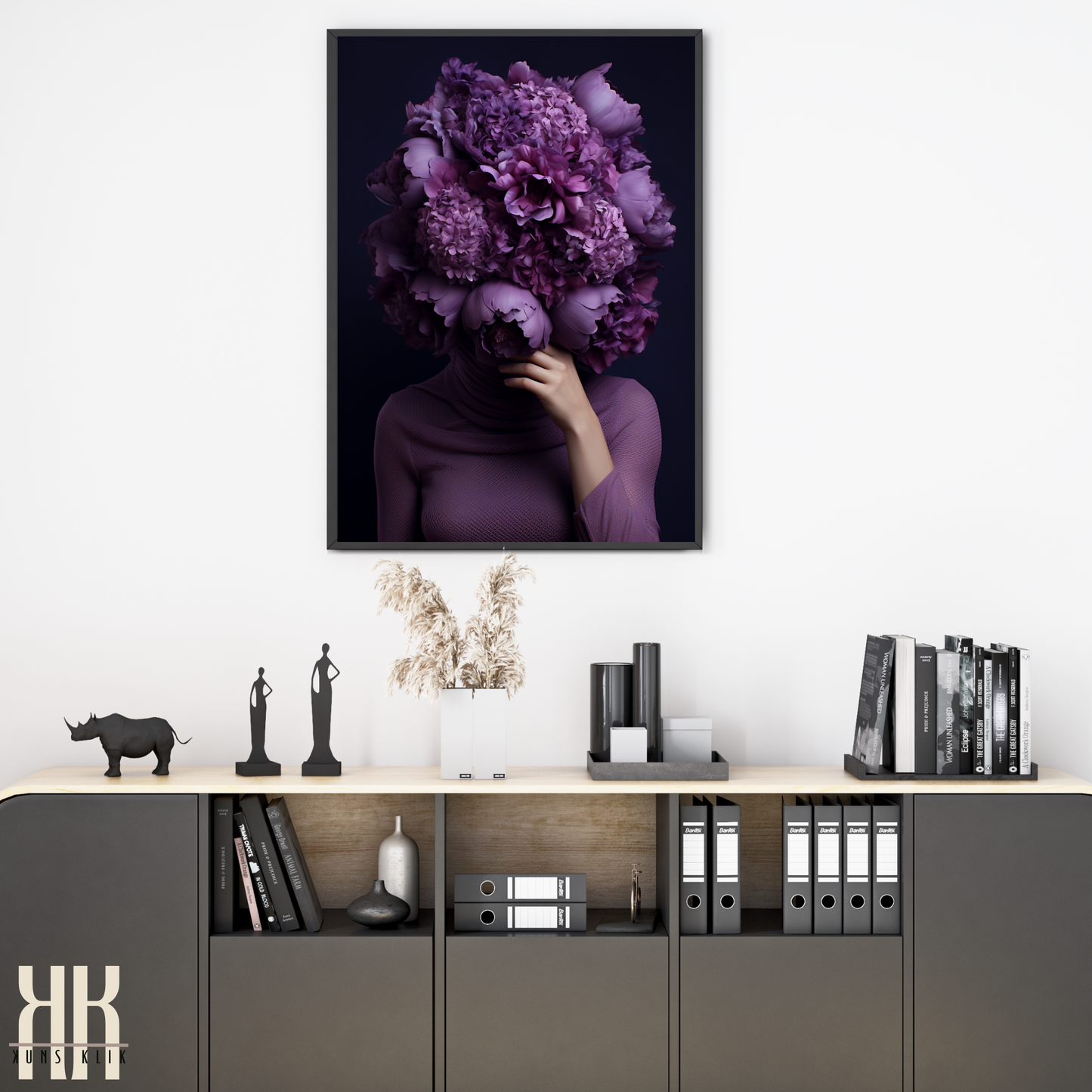 Woman Flower Bouquet Head Feminine Wall Art - Purple 3
