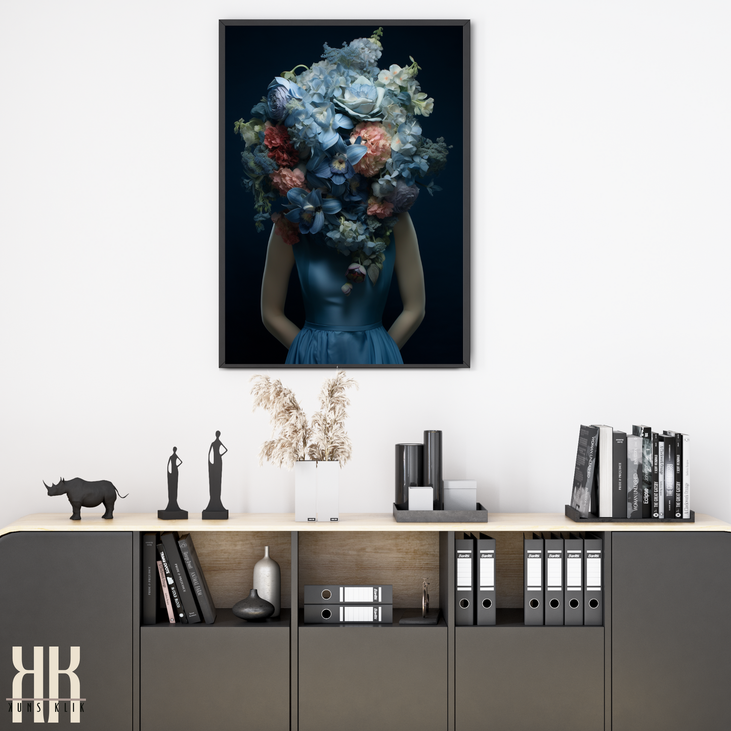 Woman Flower Bouquet Head Feminine Wall Art - Blue 3