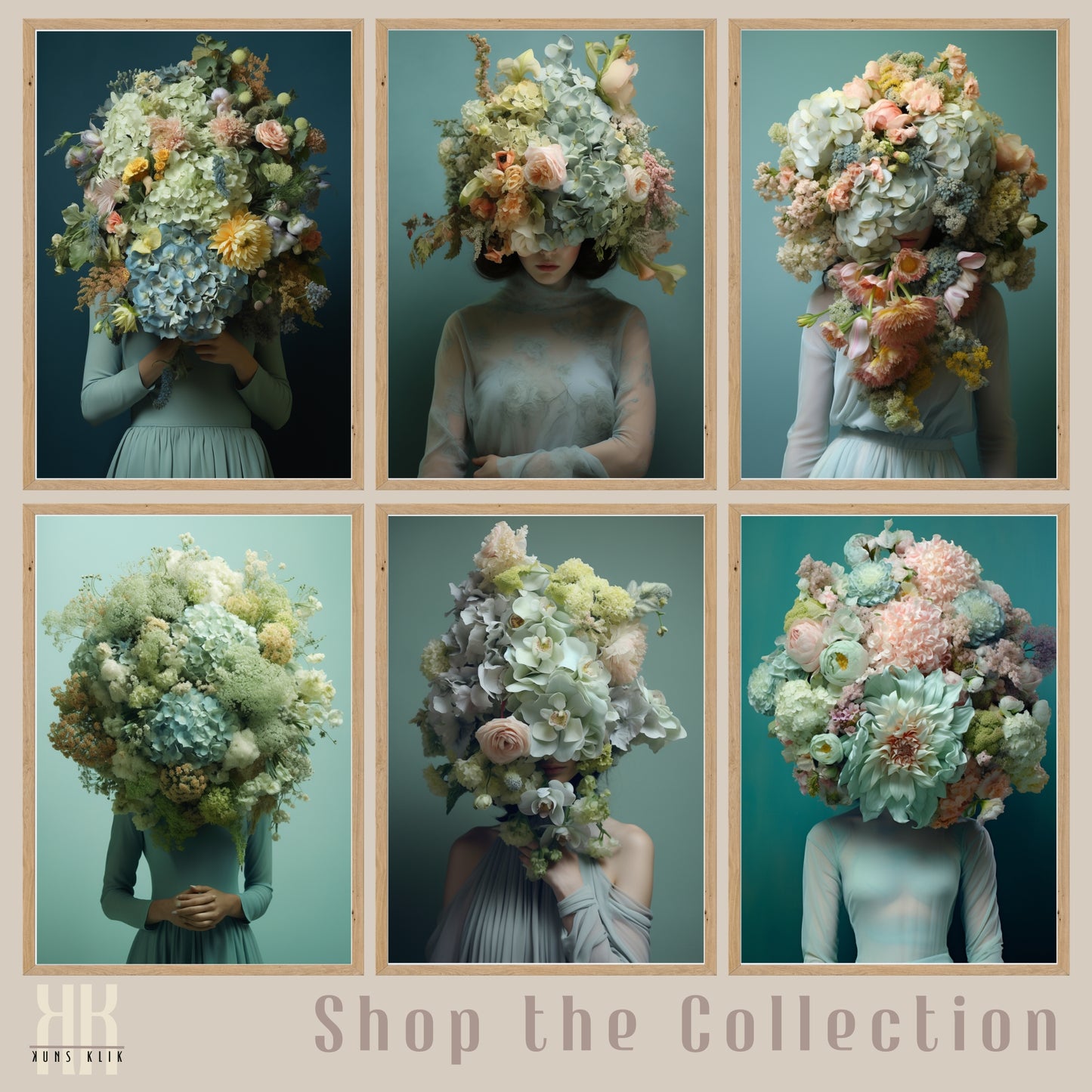 Woman Flower Bouquet Head Feminine Wall Art - Turquoise 9