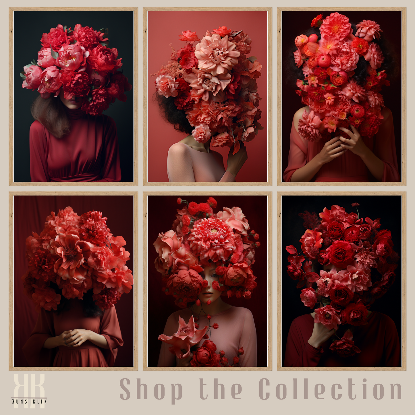 Woman Flower Bouquet Head Feminine Wall Art - Red 4