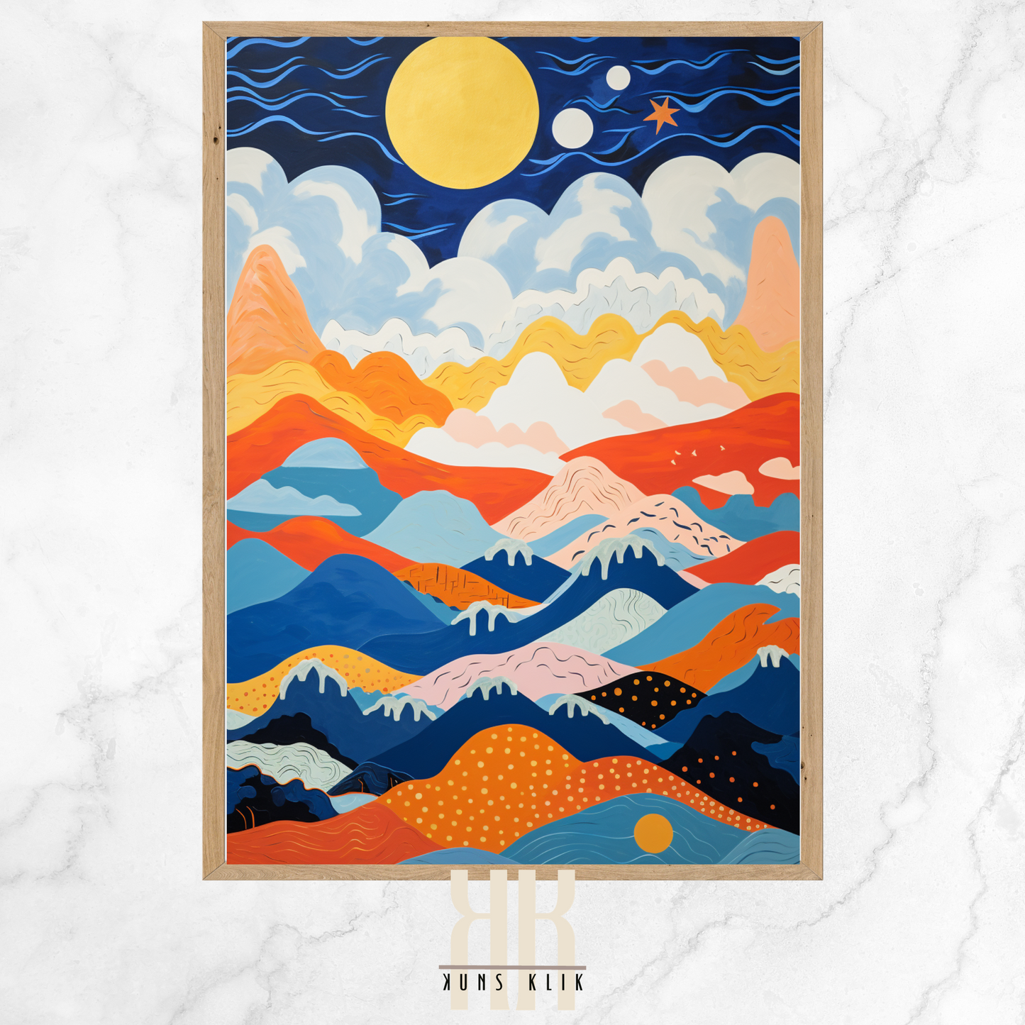 This is a vibrant, stylized painting depicting a layered mountain landscape under a night sky. A large yellow full moon and smaller celestial bodies illuminate the scene, casting light on the patterned mountain ridges that are rendered in a range of colors from deep blue to bright orange and pink. The sky features wavy lines suggestive of winds or currents, while the mountains have various patterns, including dots and stripes, adding a textural quality to the image.