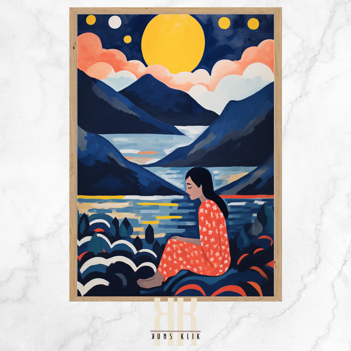 This is a stylized painting of a serene scene where a seated woman in a patterned red dress overlooks a tranquil lake surrounded by layered mountains under a night sky. The sky is adorned with a large yellow full moon, smaller moons or planets, and fluffy pink clouds. The mountains are depicted in shades of blue, creating a sense of depth and calm. The water reflects the moon's glow and the remaining light of the sunset.