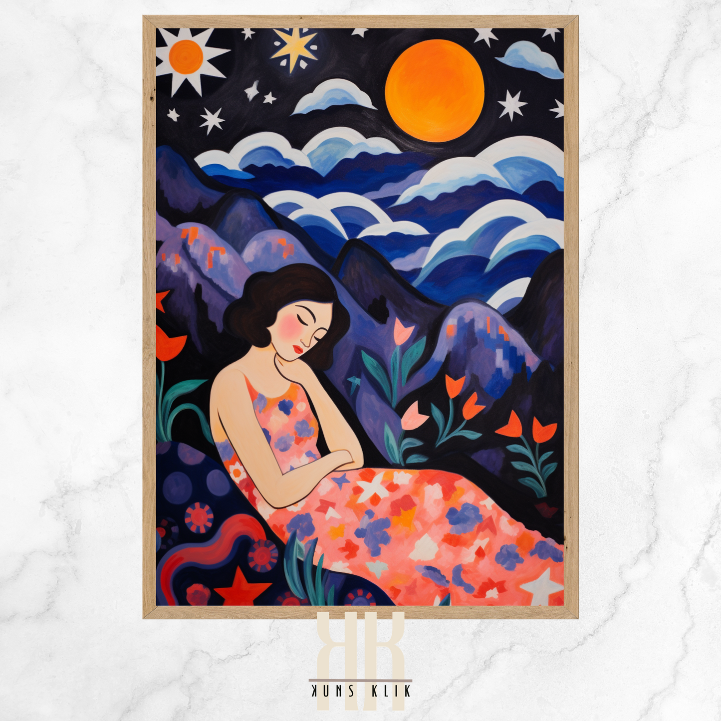 This image features a vividly colored artwork depicting a peaceful scene with a sleeping woman. She is surrounded by a stylized nocturnal landscape with rolling, patterned mountains under a dark sky punctuated by an array of stars and a large, glowing orange moon. The woman's dress blends with the brightly colored flora around her, mirroring the starry night above. The overall style is whimsical and illustrative, with a strong use of color and decorative patterns that give the piece a dreamlike quality.