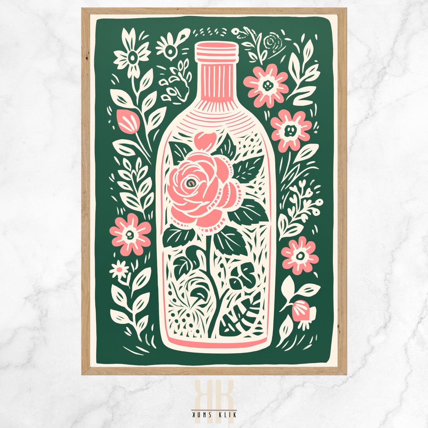 Vintage-inspired illustration of an apothecary bottle filled with stylized pink roses and surrounded by an array of botanical motifs