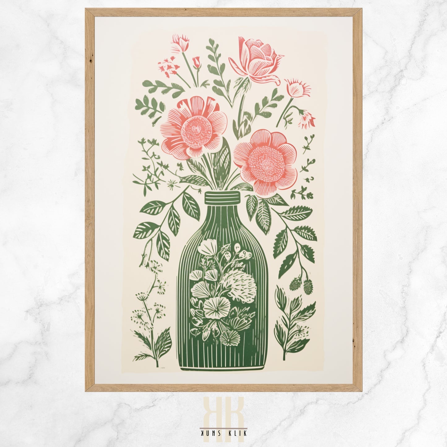 Vintage-inspired illustration of an apothecary bottle filled with stylized pink roses and surrounded by an array of botanical motifs