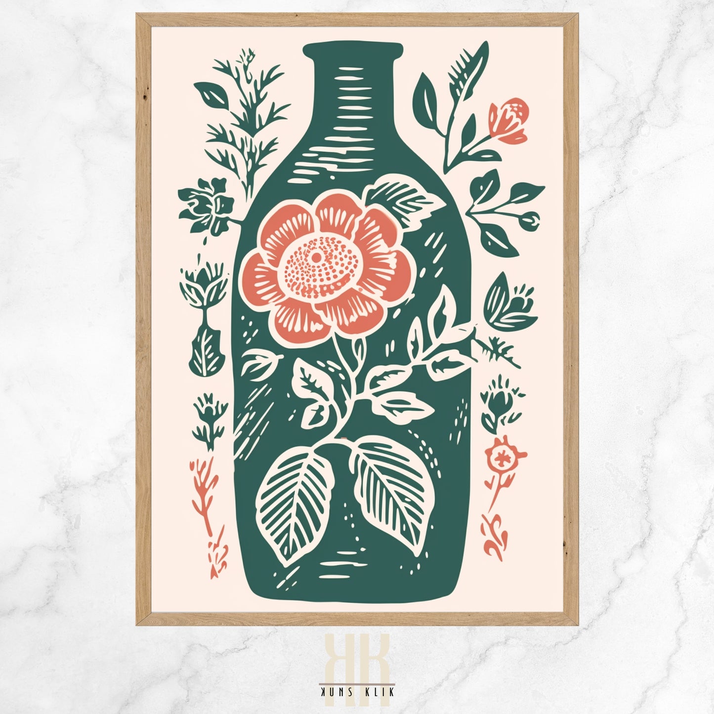 Vintage-inspired illustration of an apothecary bottle filled with stylized pink roses and surrounded by an array of botanical motifs.
