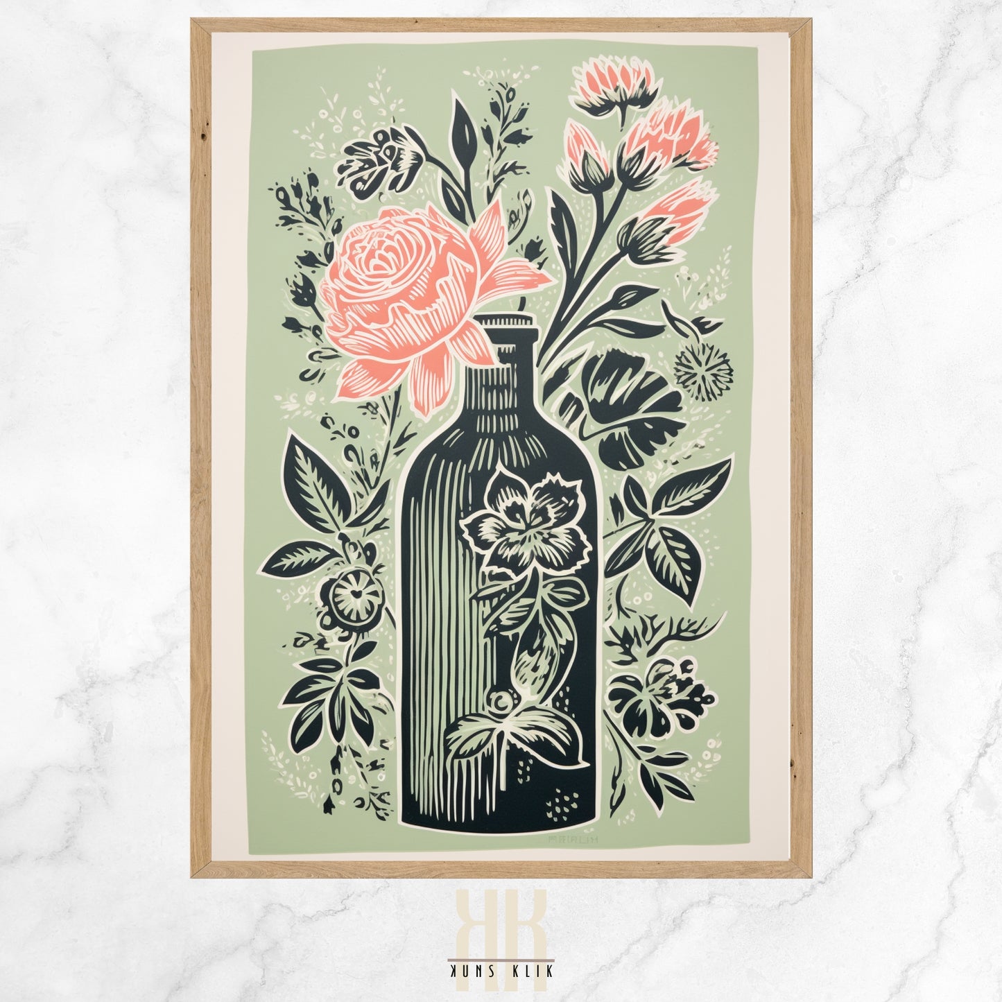 Vintage-inspired illustration of an apothecary bottle filled with stylized pink roses and surrounded by an array of botanical motifs, set against a sage green background.
