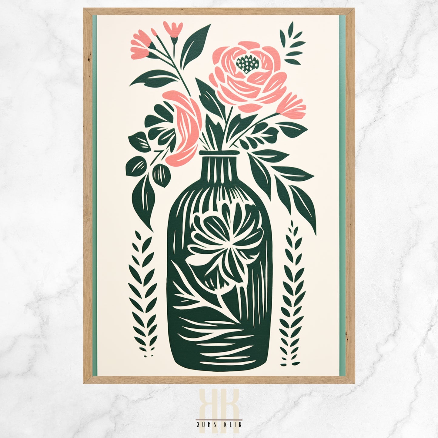 Vintage-inspired illustration of an apothecary bottle filled with stylized pink roses and surrounded by an array of botanical motifs