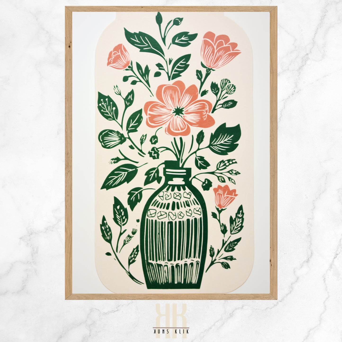 Vintage-inspired illustration of an apothecary bottle filled with stylized pink roses and surrounded by an array of botanical motifs