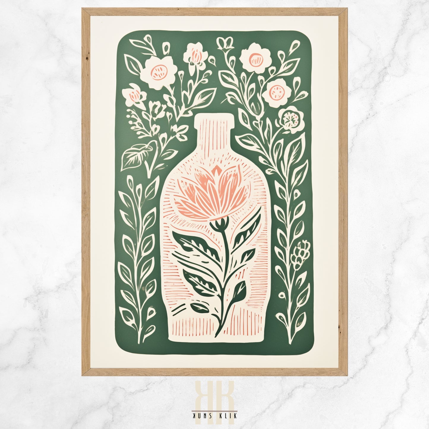Vintage-inspired illustration of an apothecary bottle filled with stylized pink roses and surrounded by an array of botanical motifs