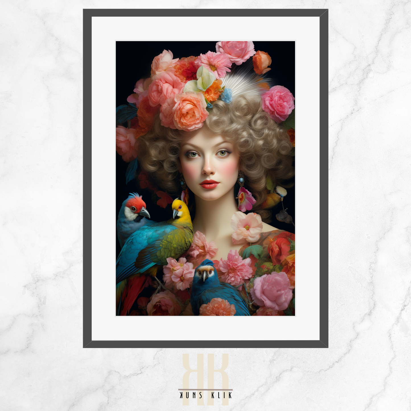 artwork of a woman styled in French aristocratic fashion, reminiscent of Marie Antoinette, with an elaborate hairstyle adorned with pink roses and perched colorful birds, set against a soft, dreamy background