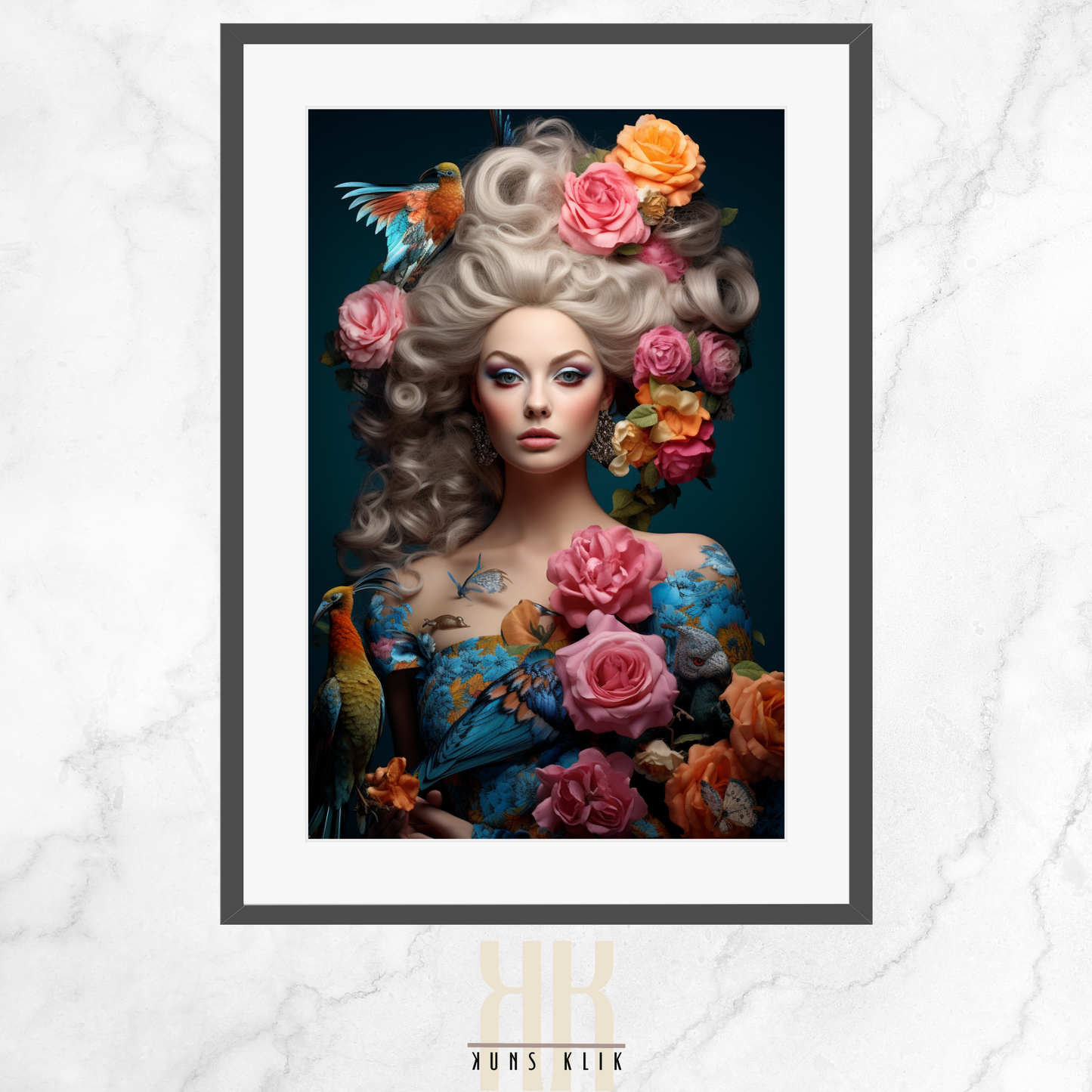 artwork of a woman styled in French aristocratic fashion, reminiscent of Marie Antoinette, with an elaborate hairstyle adorned with pink roses and perched colorful birds, set against a soft, dreamy background
