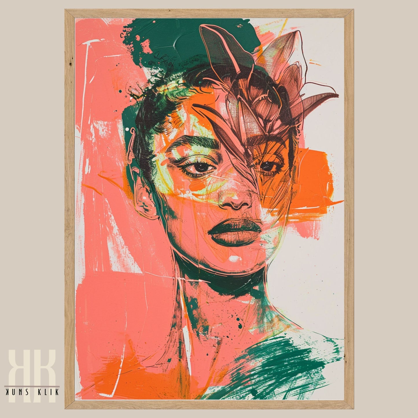 Abstract Fashion and Floral Art in Orange and Green Hues