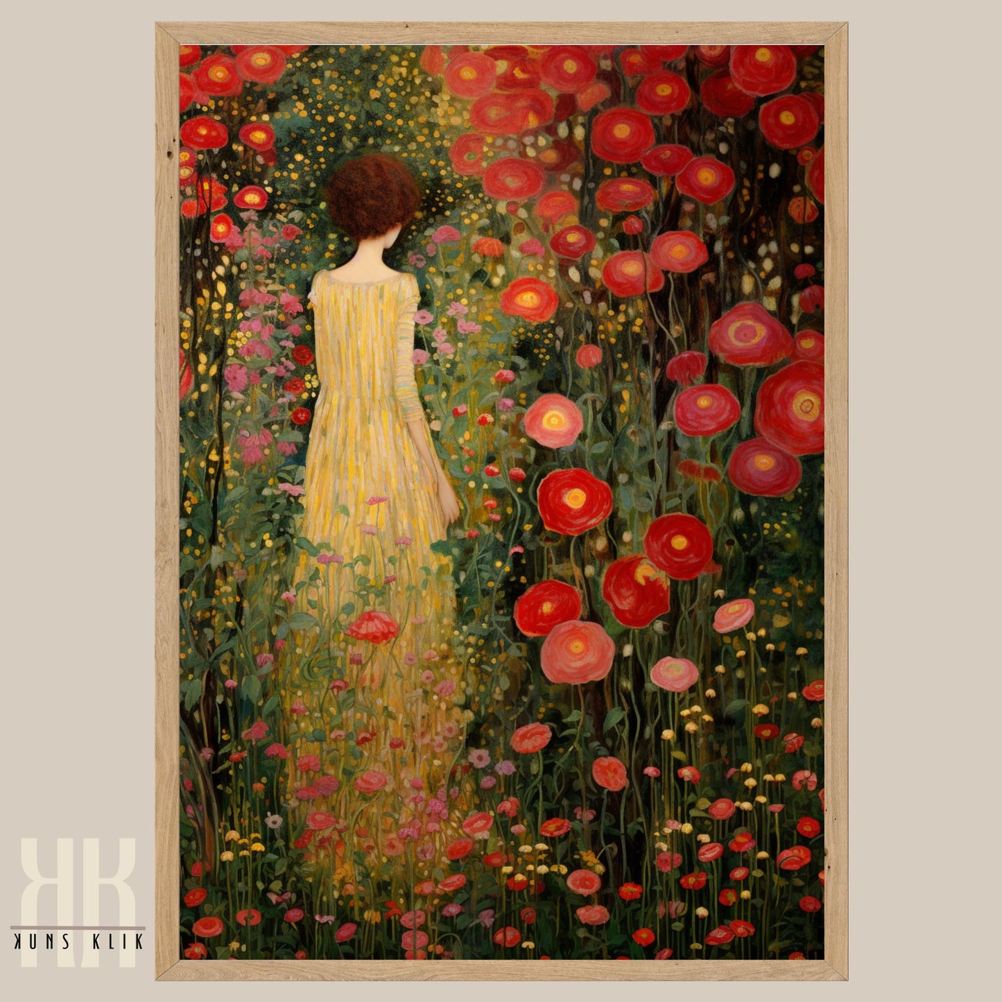 Gustav Klimt Inspired Woman in Vibrant Flower Landscape Print