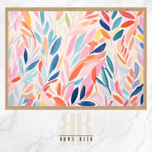  The artwork is a Matisse-style painting featuring a loose, abstract pattern of leaf shapes in a variety of pastel and vibrant hues against a white background. The brushstrokes are visible, giving a textured and dynamic feel to the composition. The color palette includes shades of blue, pink, orange, and yellow, creating a cheerful and lively atmosphere. The overall effect is reminiscent of a breezy, spring day.