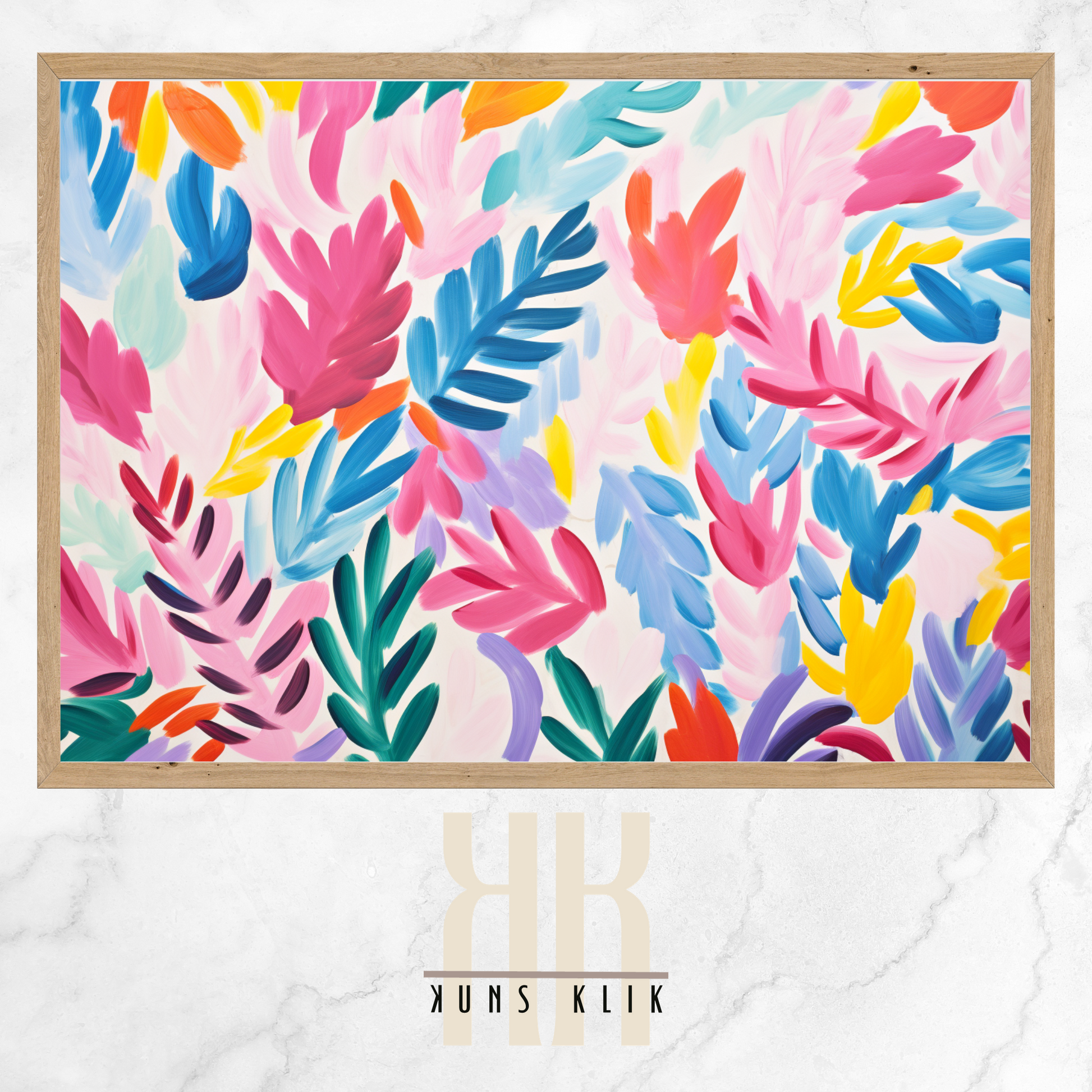  The artwork is a Matisse-style painting featuring a loose, abstract pattern of leaf shapes in a variety of pastel and vibrant hues against a white background. The brushstrokes are visible, giving a textured and dynamic feel to the composition. The color palette includes shades of blue, pink, orange, and yellow, creating a cheerful and lively atmosphere. The overall effect is reminiscent of a breezy, spring day.