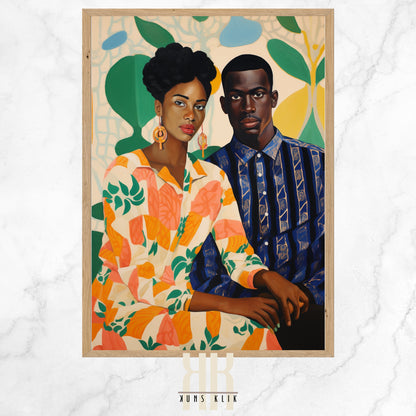 African couple in bold colourful pattern print clothing on a bold colourful patterned backgroun