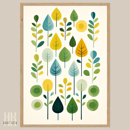 Green Blue Leaf Pattern Minimalist Print