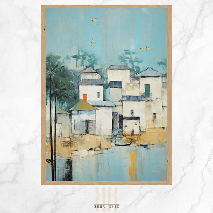 An art print of a stylized coastal town with geometric shapes in shades of blue, white, and subtle orange, evoking a serene seaside village with textured details.