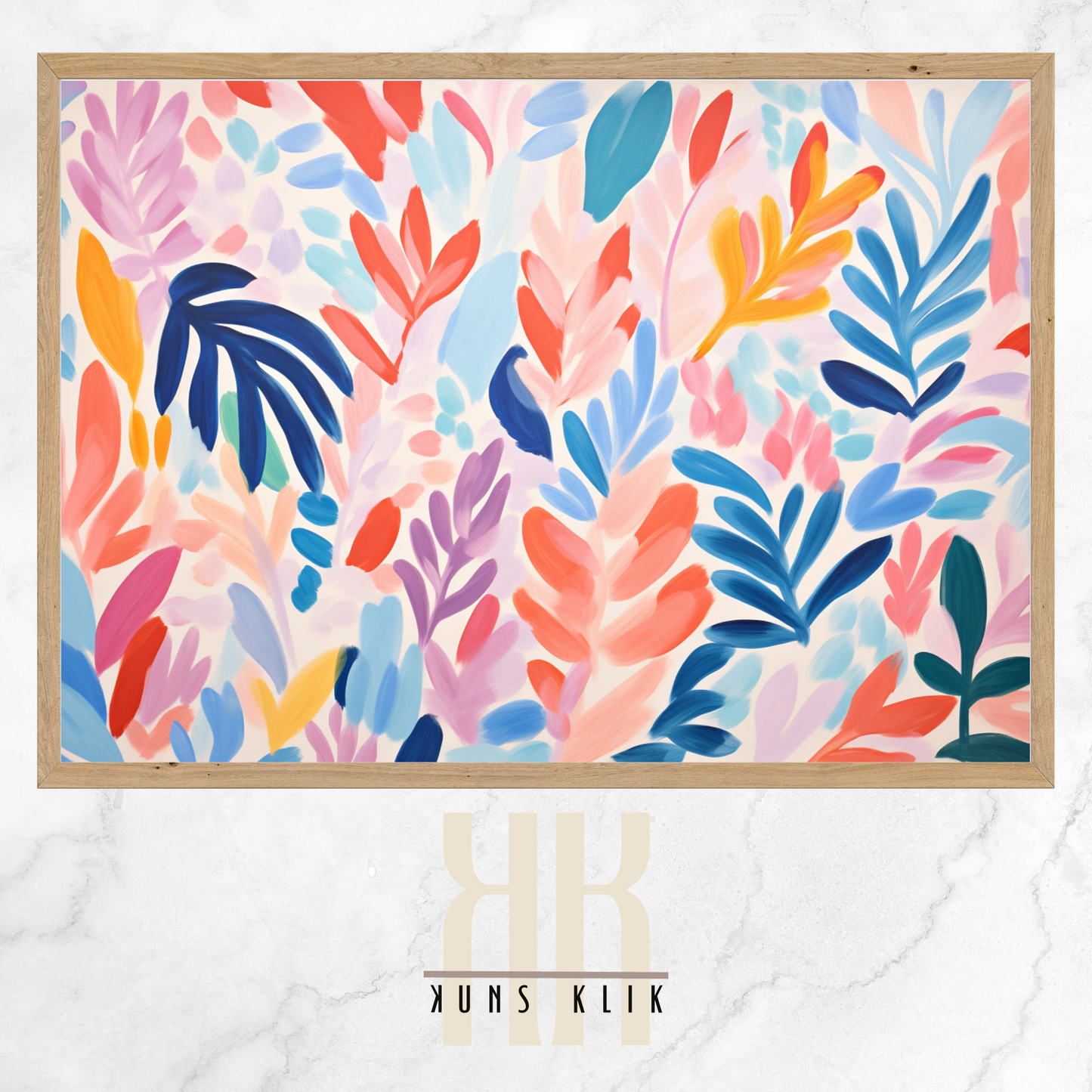  The artwork is a Matisse-style painting featuring a loose, abstract pattern of leaf shapes in a variety of pastel and vibrant hues against a white background. The brushstrokes are visible, giving a textured and dynamic feel to the composition. The color palette includes shades of blue, pink, orange, and yellow, creating a cheerful and lively atmosphere. The overall effect is reminiscent of a breezy, spring day.