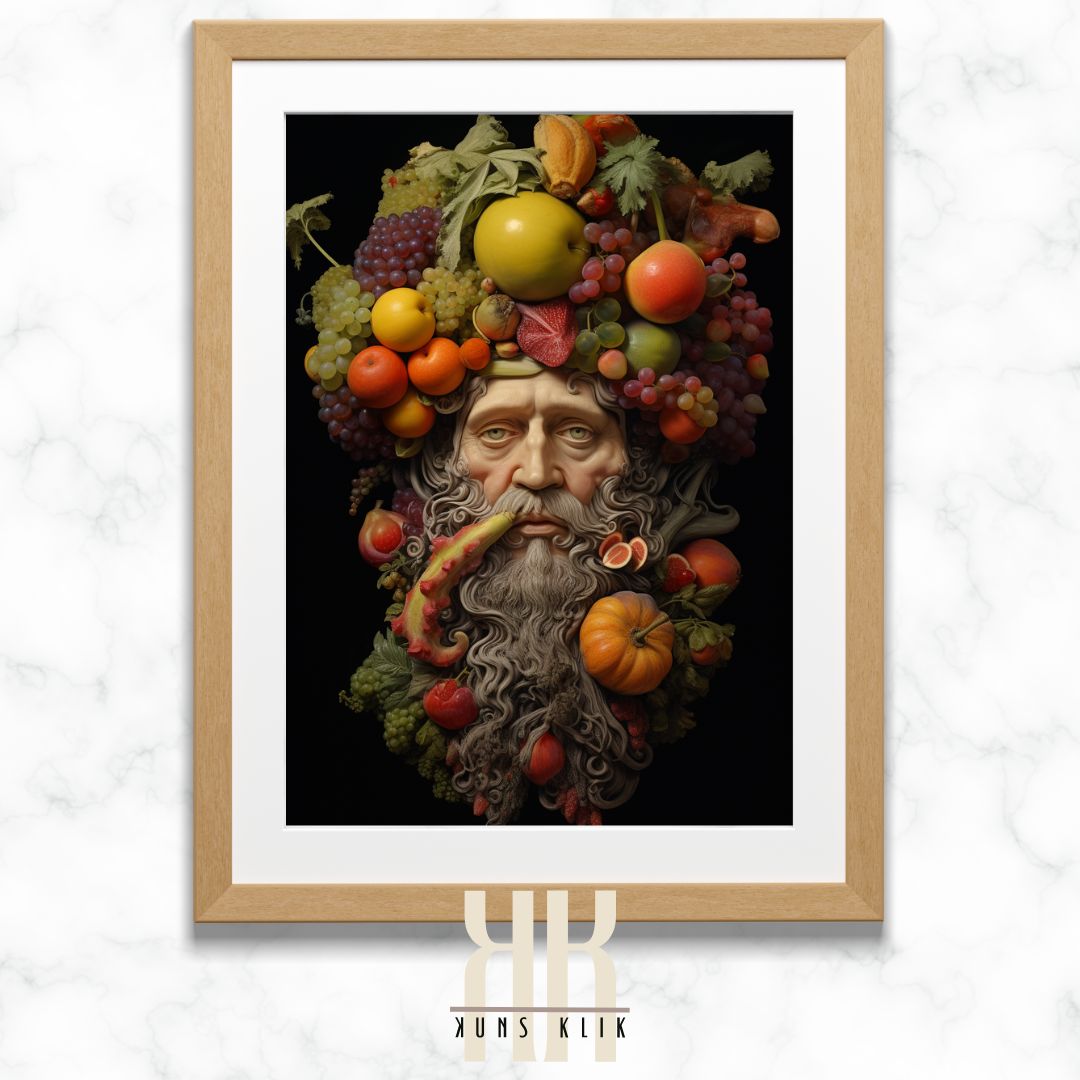 Autumn Harvest Man with Fruits and Leaves Art