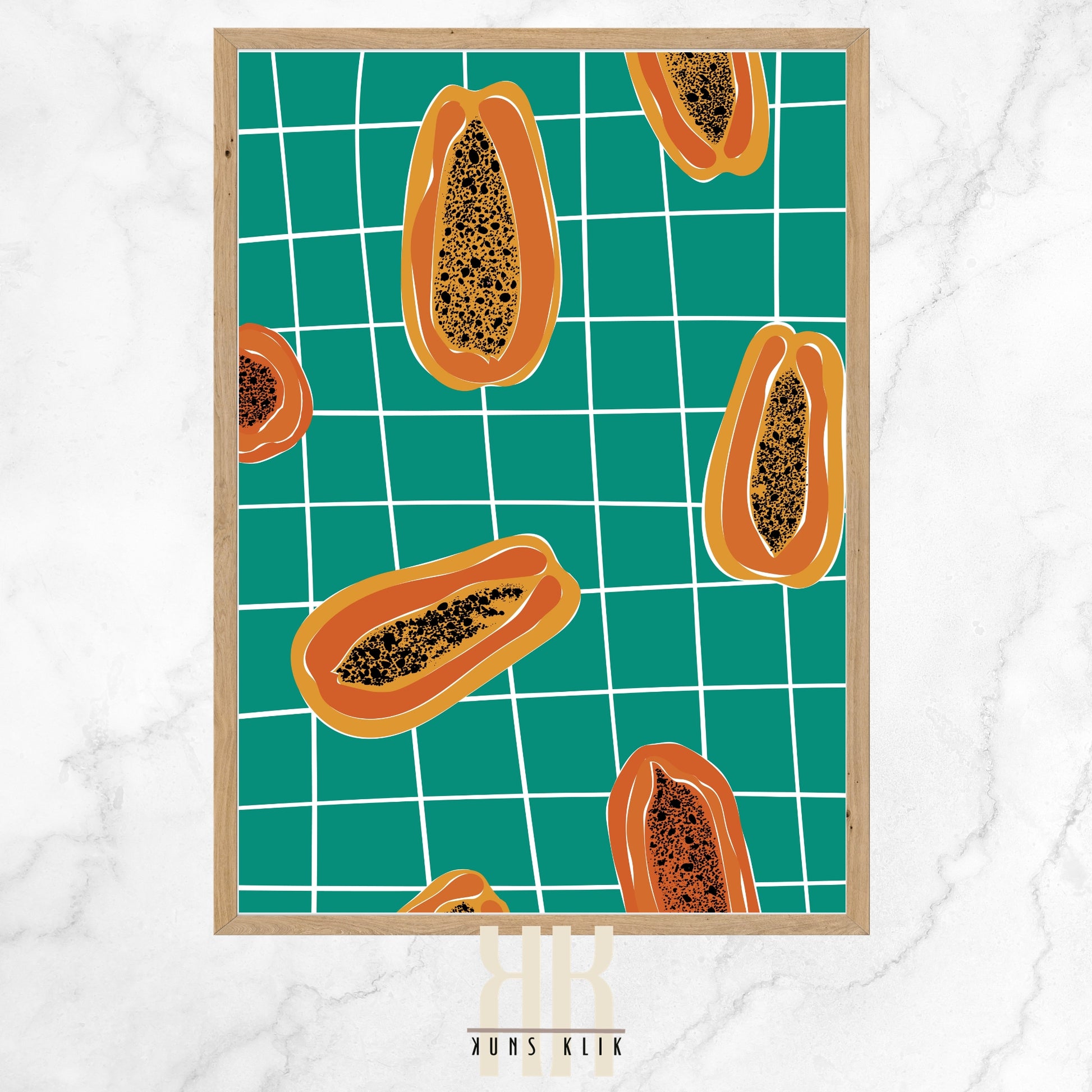 The image is a graphic illustration featuring stylized papaya fruit halves against a teal background with a grid pattern. The papayas are colored in shades of orange with black speckled centers representing the seeds. The overall design is modern and simplistic, with a repeated motif that gives a playful and contemporary feel, suitable for kitchen or dining area decor.