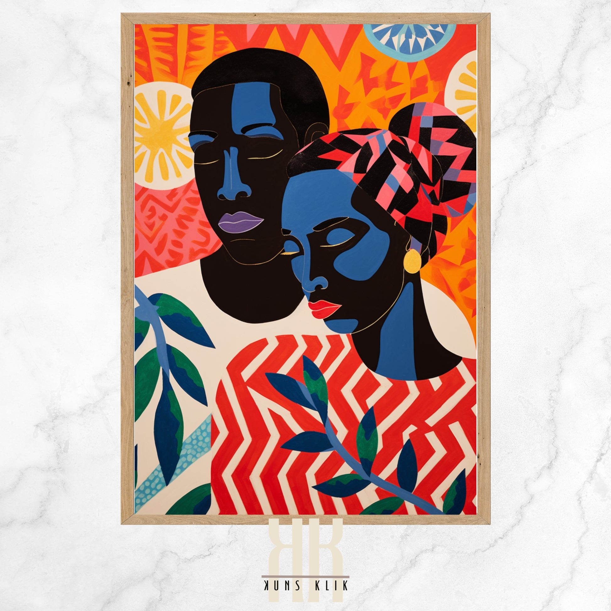 African couple in bold colourful pattern print clothing on a bold colourful patterned backgroun