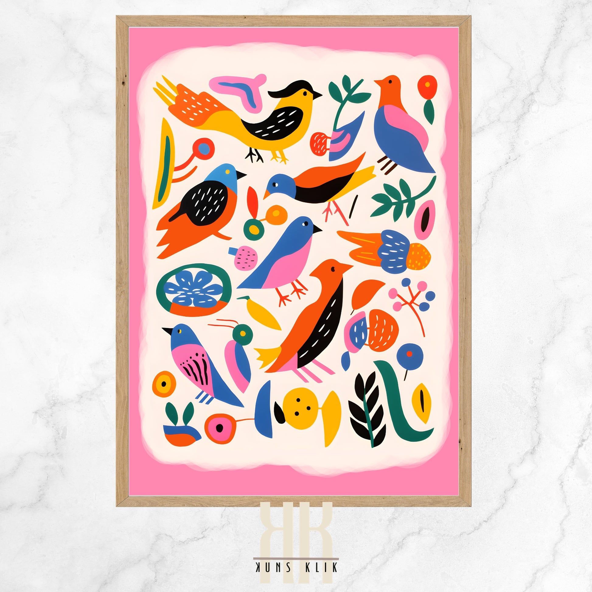 The image is a playful and colorful art print featuring an assortment of stylized birds and botanical elements on a pale pink background. The birds are depicted in various sizes and shapes in a flat design style, with a palette of yellow, blue, orange, pink, and red. Each bird is unique, some with patterns on their wings and bodies, others in bold solid colors. Among the birds are whimsical floral and fruit motifs, such as leaves, berries, and abstract shapes, in vibrant and contrasting colors. 