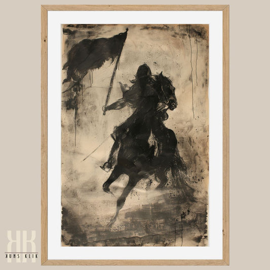 Man on Battle Horse in Black Ink Vintage Etching