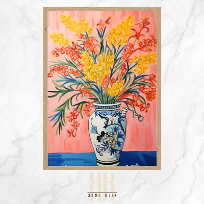 Bright and colorful contemporary painting of a floral arrangement in a blue and white patterned vase, set against a gradient pink background, using a bold graphic style with expressive brushstrokes.