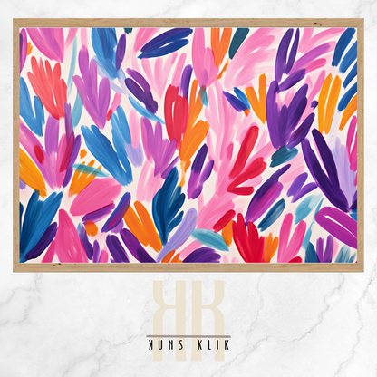  The artwork is a Matisse-style painting featuring a loose, abstract pattern of leaf shapes in a variety of pastel and vibrant hues against a white background. The brushstrokes are visible, giving a textured and dynamic feel to the composition. The color palette includes shades of blue, pink, orange, and yellow, creating a cheerful and lively atmosphere. The overall effect is reminiscent of a breezy, spring day.