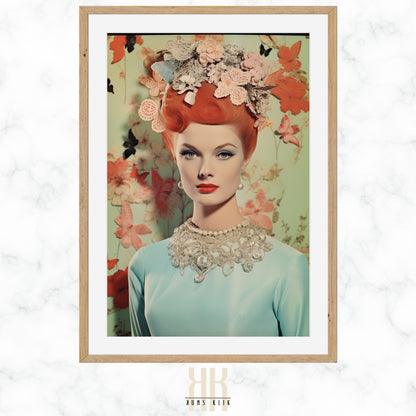 vintage fashion photography, woman in light blue dress with flower head piece