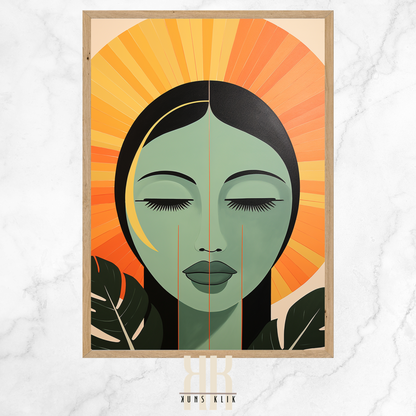 female face with sun beam, mountains and plants in the background in flat graphic bohemian style