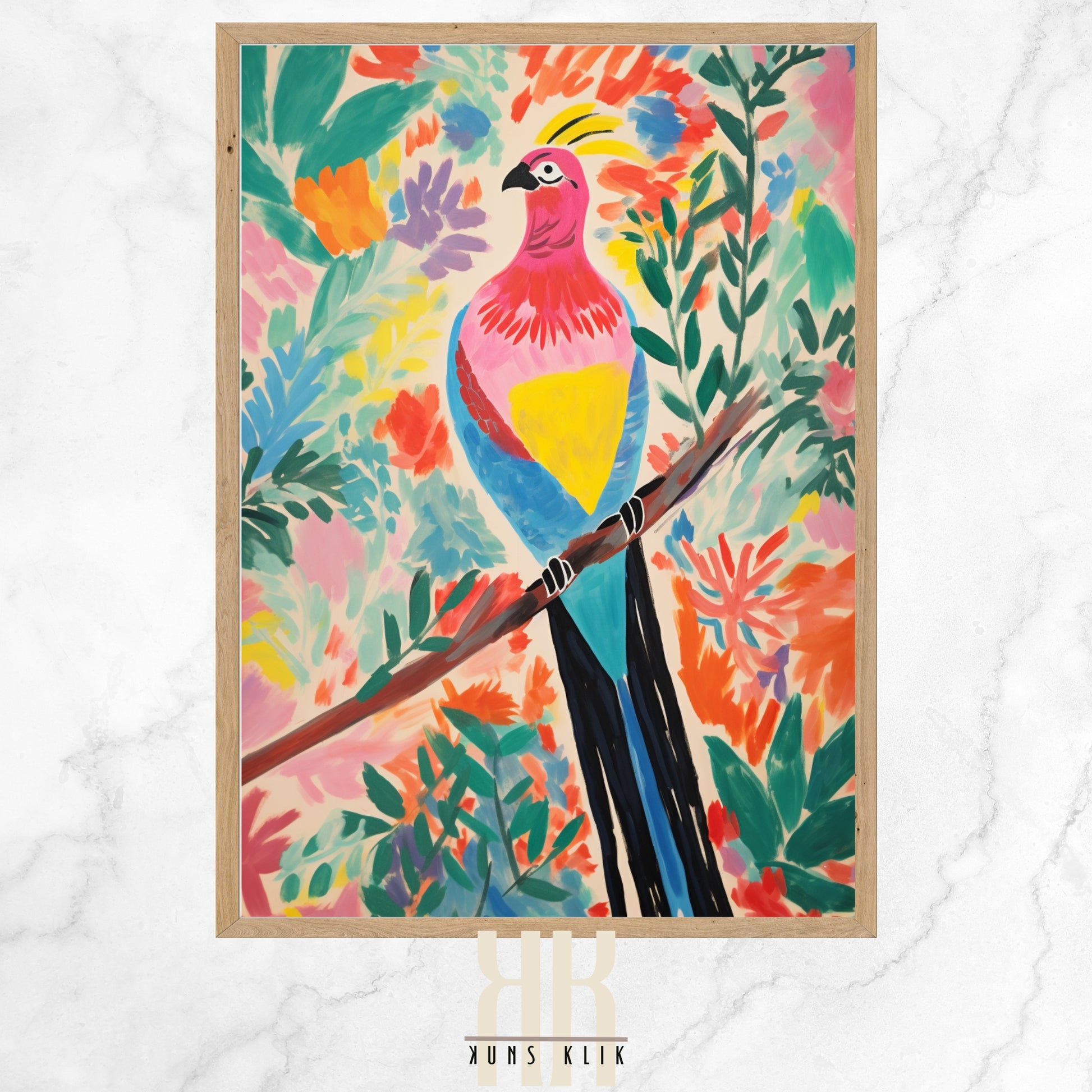 A colorful art print featuring a variety of stylized birds perched on branches amidst lush foliage; each bird is depicted in a unique, vivid color palette against a floral background, creating a vibrant and dynamic scene celebrating wildlife and nature.