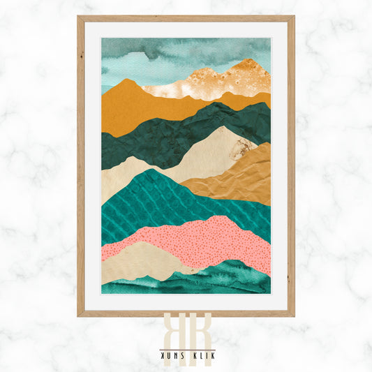 Abstract Modern Art of landscape shapes in pink, green and brown hues