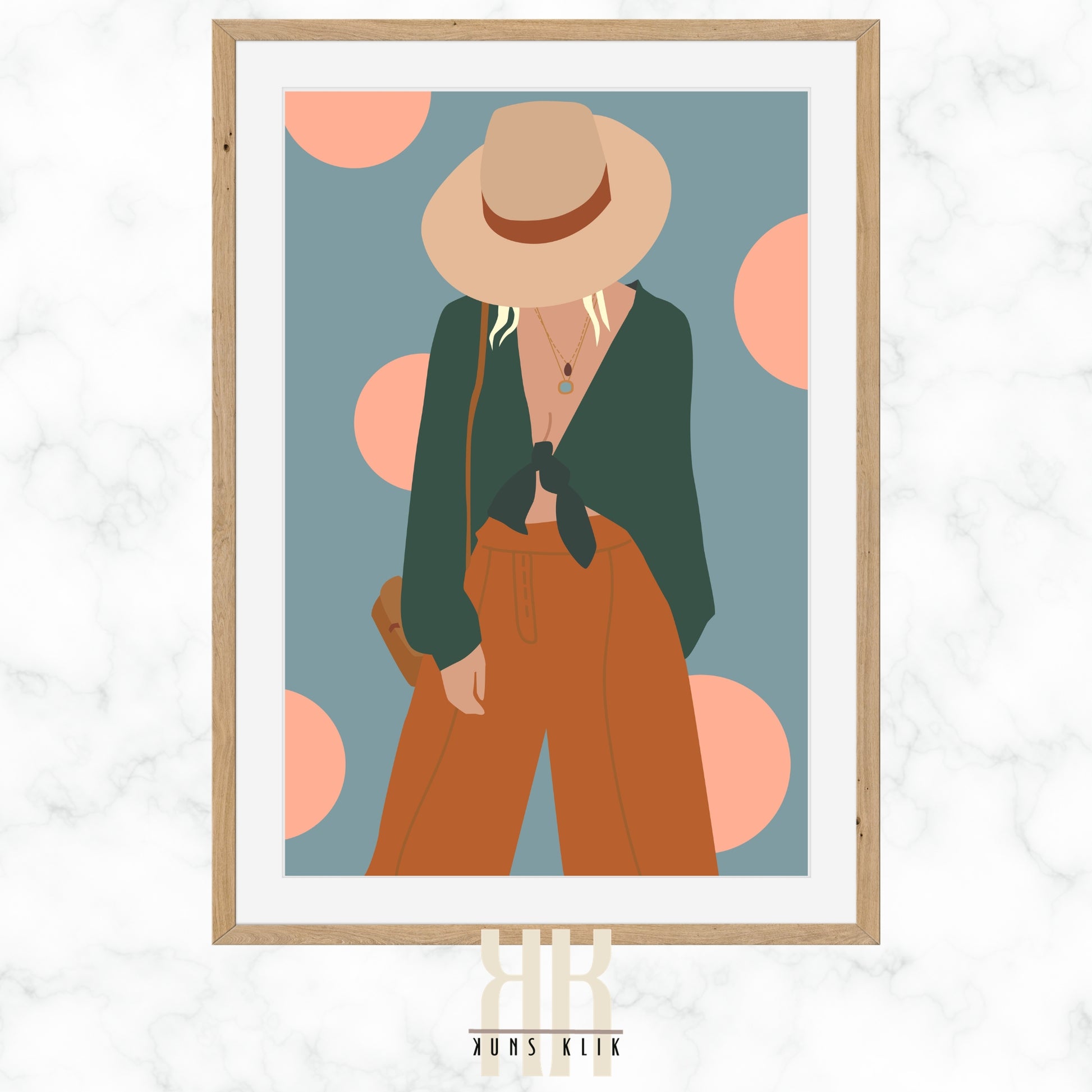 flat art style, woman dressed in bohemian style, rich earth tones, wall art