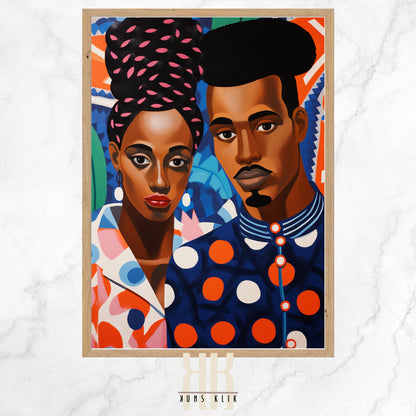 African couple in bold colourful pattern print clothing on a bold colourful patterned backgroun