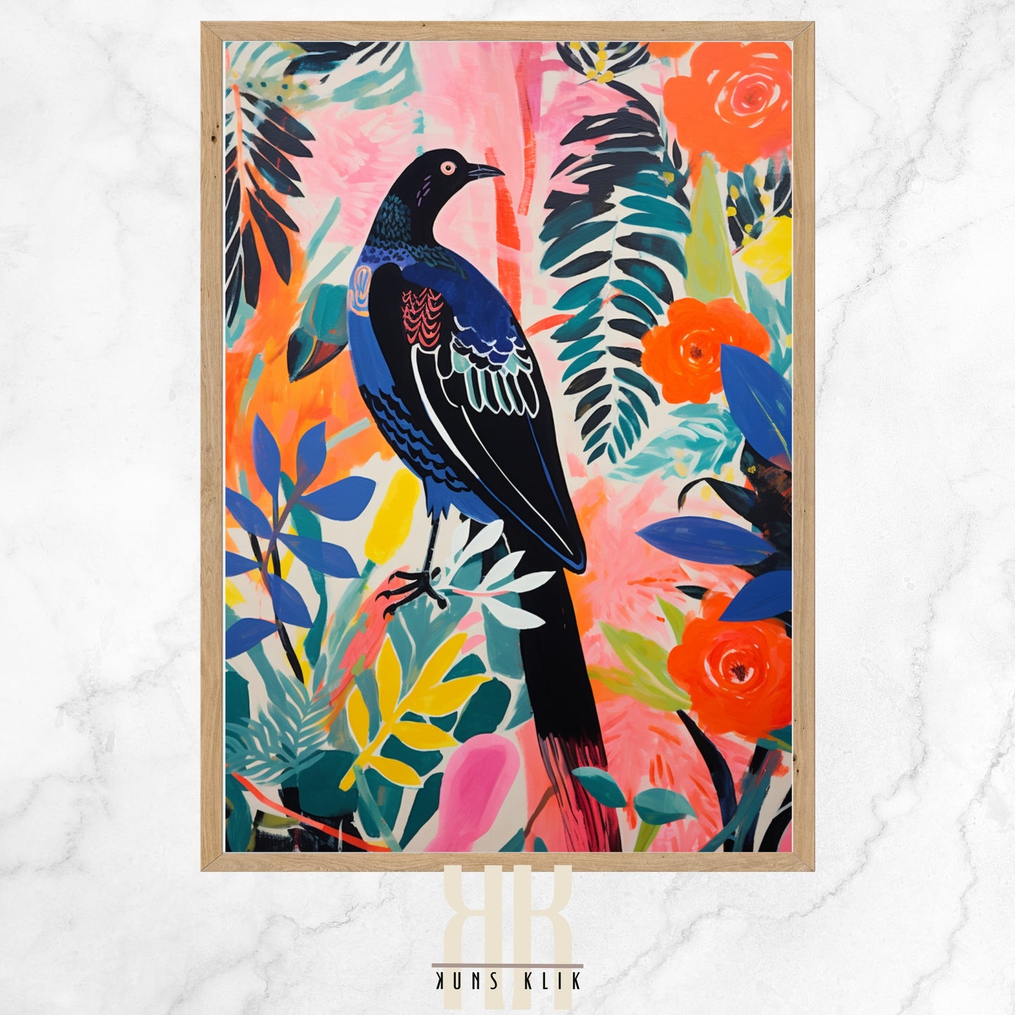 A colorful art print featuring a variety of stylized birds perched on branches amidst lush foliage; each bird is depicted in a unique, vivid color palette against a floral background, creating a vibrant and dynamic scene celebrating wildlife and nature.