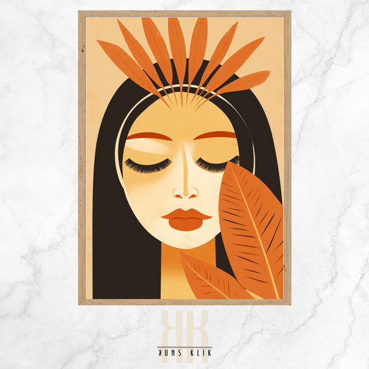 female face with sun beam, mountains and plants in the background in flat graphic bohemian style