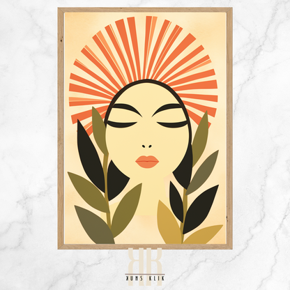 female face with sun beam, mountains and plants in the background in flat graphic bohemian style