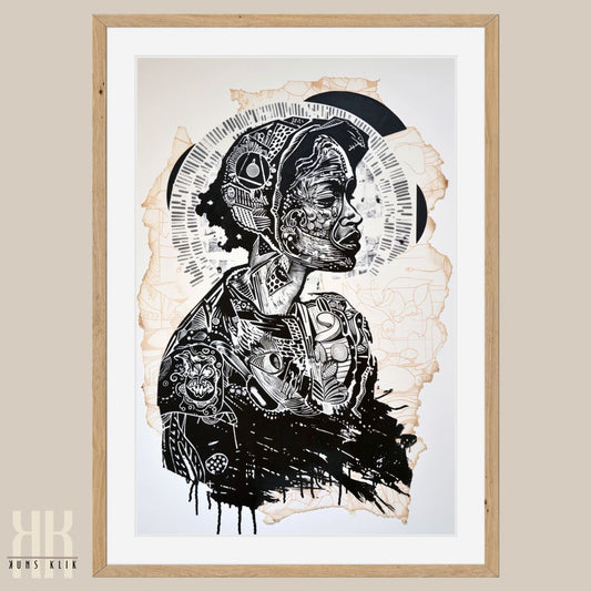 Monochromatic Intricate Line Art Etching Female Portrait