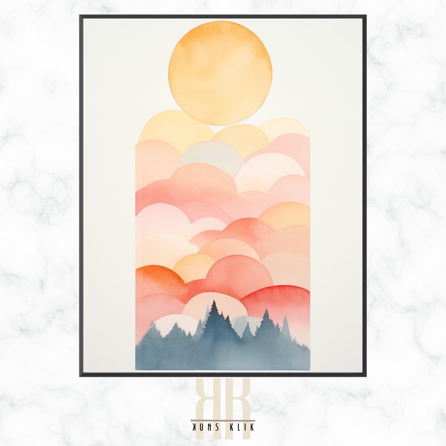 A watercolor painting capturing a serene landscape at sunrise or sunset, with a warm gradient sky and sun reflecting over calm waters and a silhouette of mountain ranges.