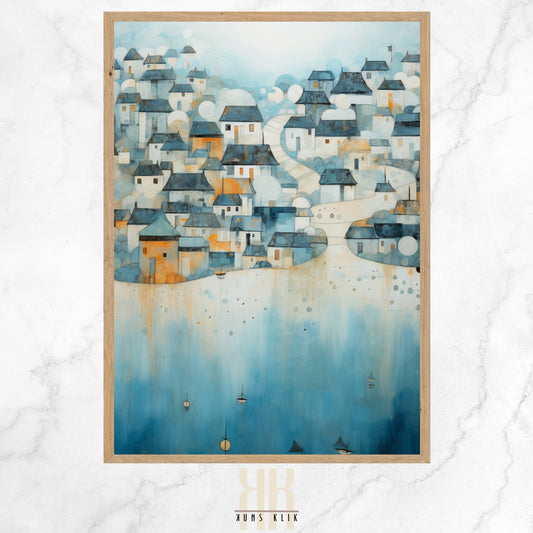 An art print of a stylized coastal town with geometric shapes in shades of blue, white, and subtle orange, evoking a serene seaside village with textured details.