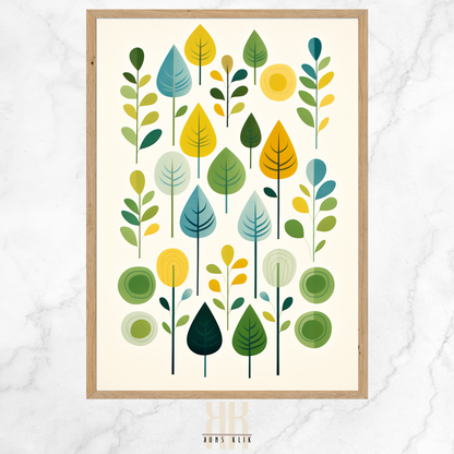 Green Blue Leaf Pattern Minimalist Print