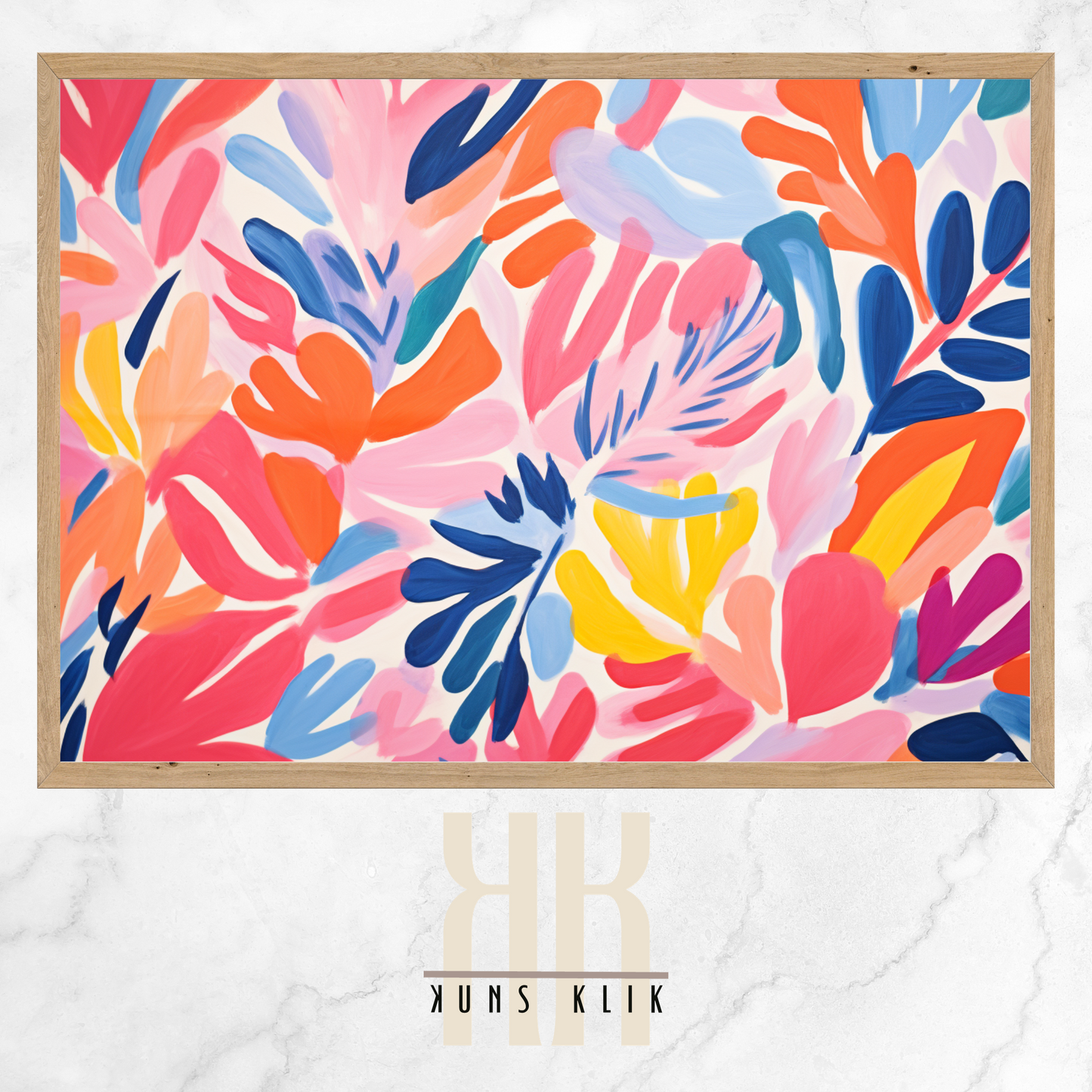  The artwork is a Matisse-style painting featuring a loose, abstract pattern of leaf shapes in a variety of pastel and vibrant hues against a white background. The brushstrokes are visible, giving a textured and dynamic feel to the composition. The color palette includes shades of blue, pink, orange, and yellow, creating a cheerful and lively atmosphere. The overall effect is reminiscent of a breezy, spring day.